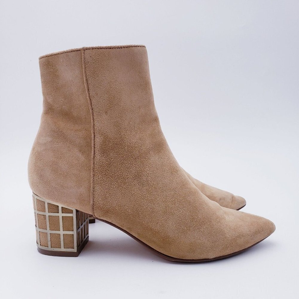 Brian Atwood Suede Ankle Boots Tan Cage Block Heel Pointed Toe Size 6‎